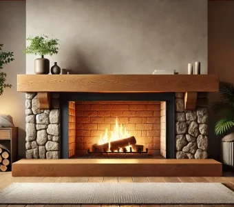 Custom-milled solid wood mantel from Genuine Wood Products in Portage, WI, showcasing natural grain and rustic charm